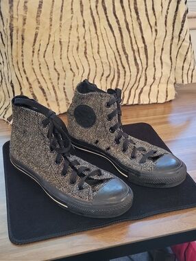 Converse High-Top Sneakers in Black and Gray Herringbone
